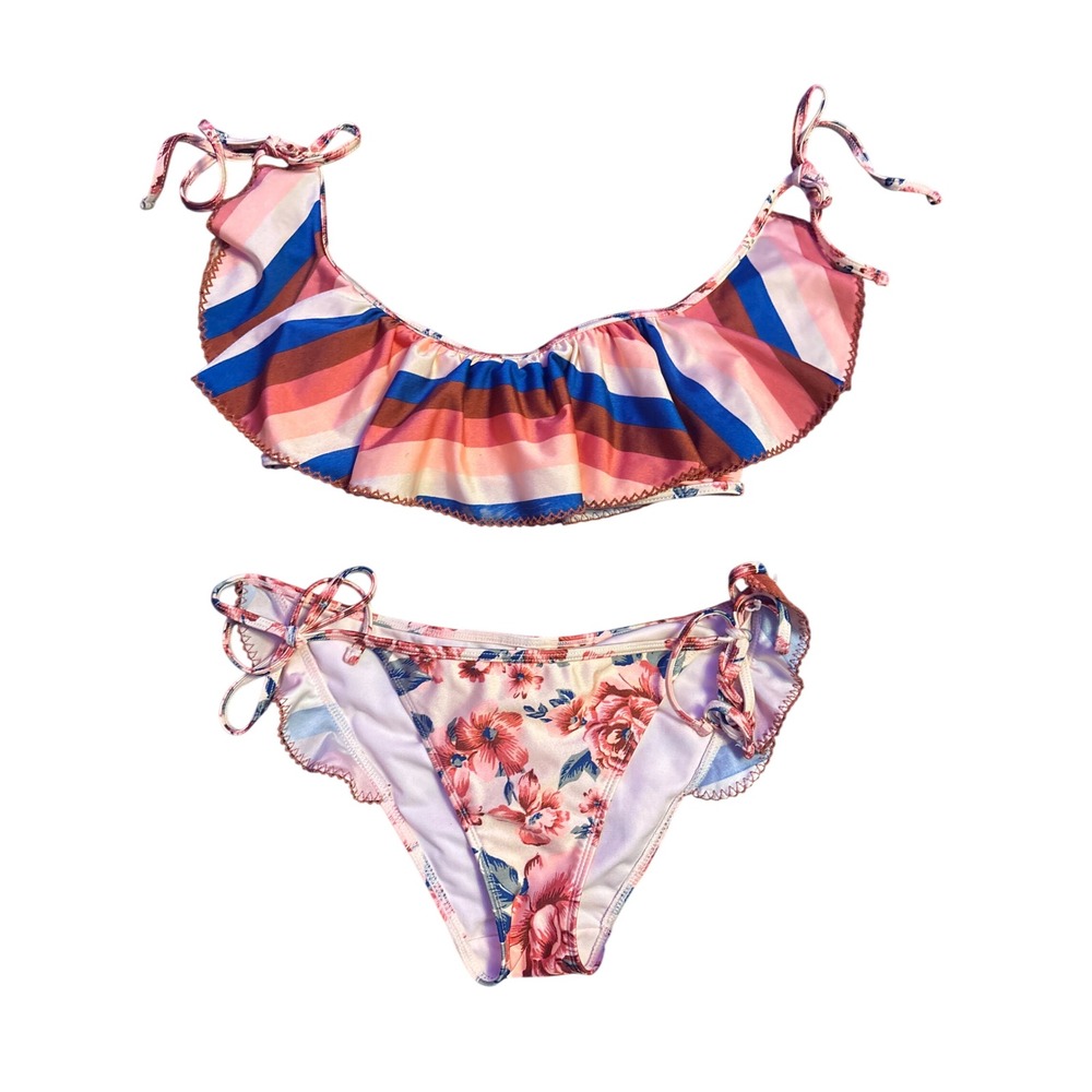 No Boundaries Women's Floral Stripe Ruffle Tie Bikini Set Top S Bottom M